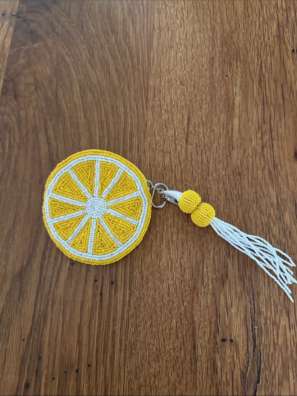 Wandering Moon Beaded Lemon Pouch  - Yellow & White Tassel Charm 4.5” diameter - Picture 2 of 4